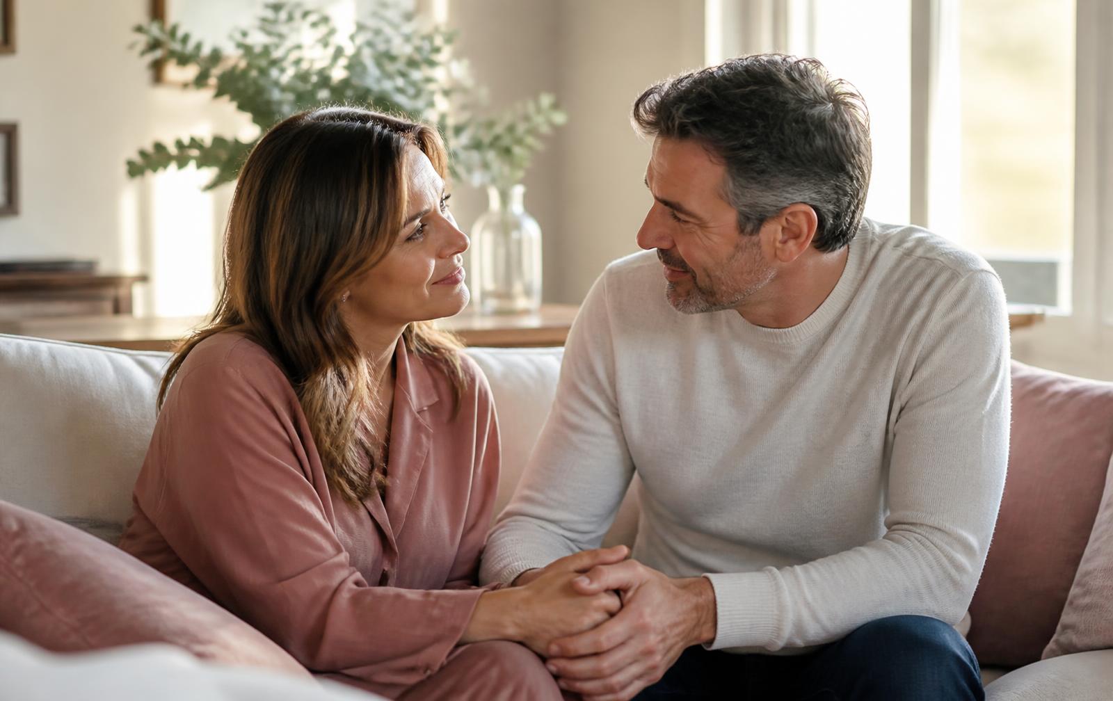 Married couple rebuilding emotional connection through understanding and meaningful conversation.